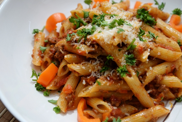 a bowl of Bolognese Sauce on penne pasta