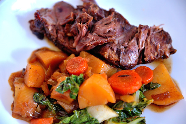 cooked Pot Roast with Potatoes, Carrots and Bok Choy